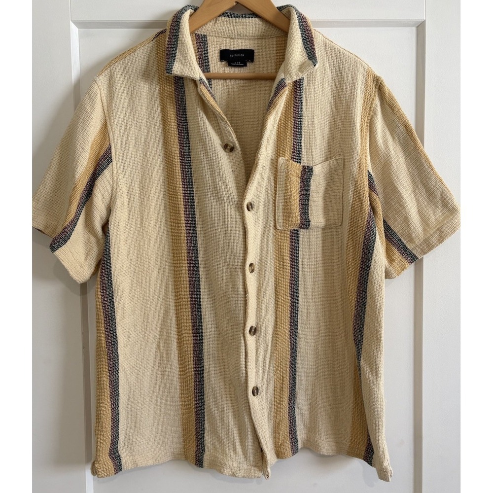 Cotton On Mens Large L Striped Resort Shirt Textured Gauze Camp Short Sleeve